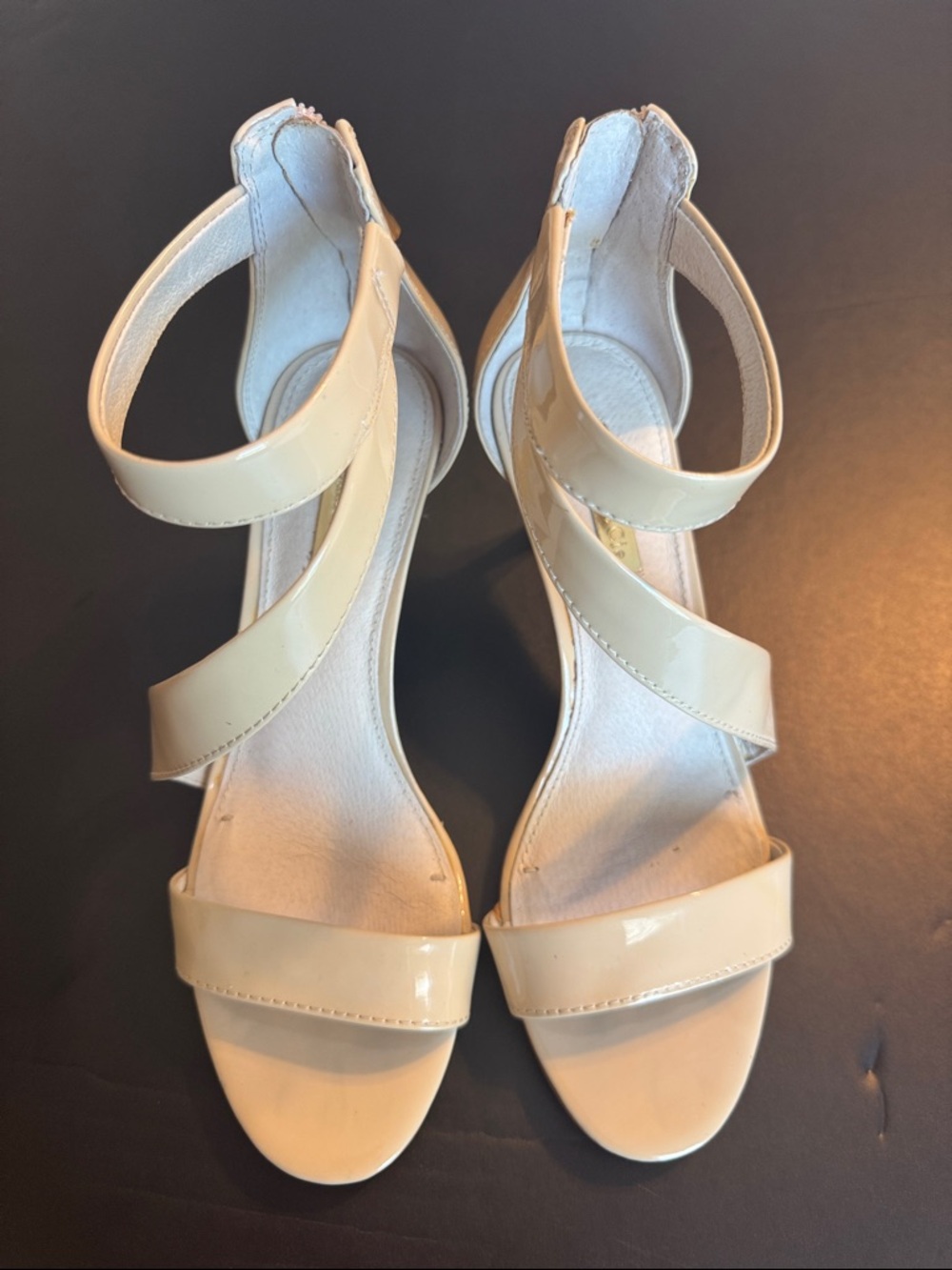 Louise et Cie Cream Patent Strappy Ankle-Zip Heels